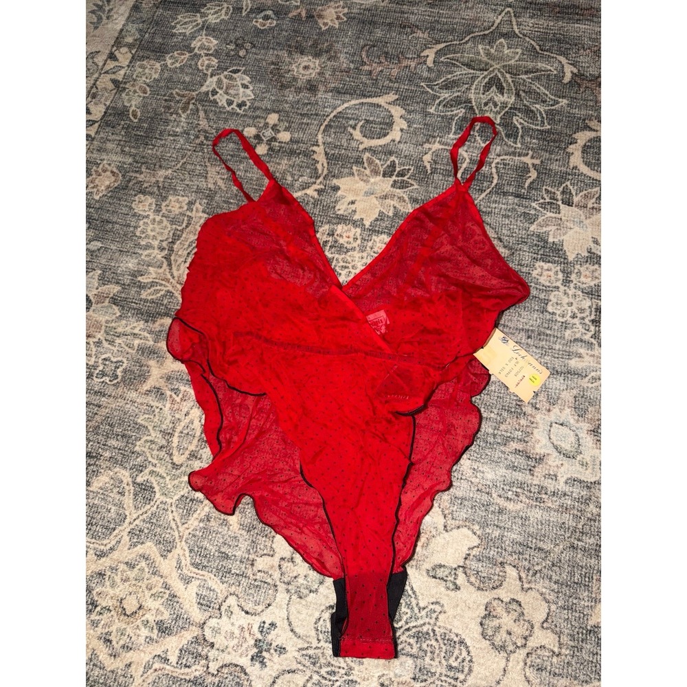 Vintage Natori Red Silk Polka Dot Teddy Bodysuit Lingerie NWT Deadstock